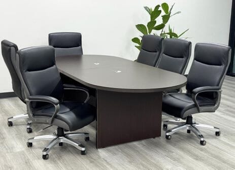 8' Mocha Oval Racetrack Conference Table w/6 Black and Charcoal Leather Chairs