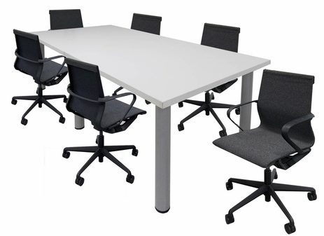 8' White Rectangular Table w/6 Charcoal Linen Chairs - Conference Set