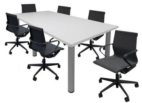 8' White Rectangular Table w/6 Charcoal Linen Chairs – Conference Set