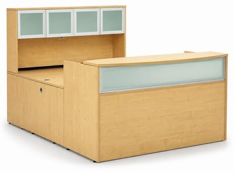 Maple U-Shaped Reception Desk w/Frosted Glass Panel & Hutch