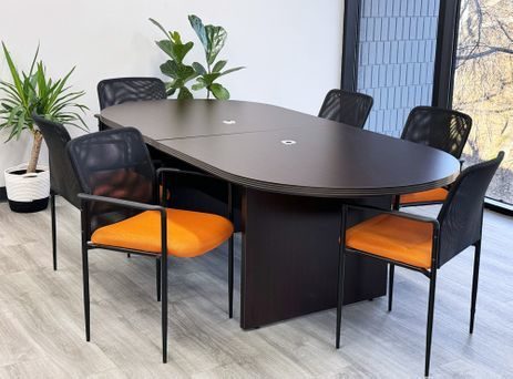 8' Mocha Oval Racetrack Table w/6 Orange Mesh Stacking Chairs - Conference Set