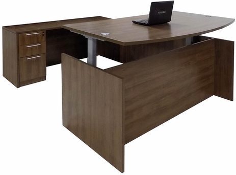 Modern Walnut Adjustable Height Bow Front U-Shaped Desk