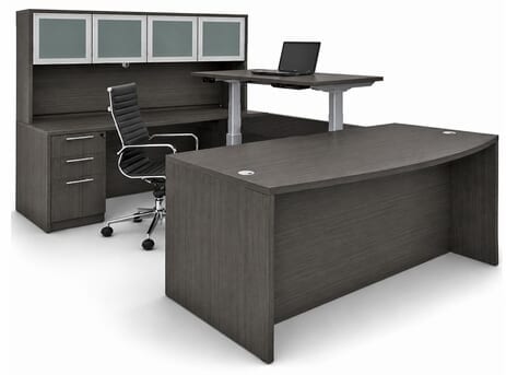 Charcoal Woodgrain Laminate Electric Lift Adjustable Bridge U-Desk w/Hutch
