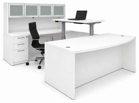 White Electric Lift Adjustable Bridge  U-Desk w/Hutch