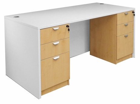 White & Woodgrain Rectangular Managers Desk w/6 Drawers