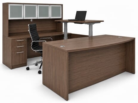 Electric Lift Adjustable Bridge Modern Walnut U-Desk w/Hutch