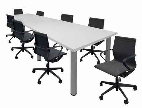 12' White Rectangular Table w/8 Charcoal Linen Chairs - Conference Set
