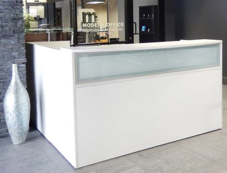 L-Shaped White Reception Desk w/Frosted Glass Panel