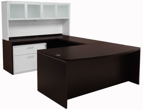 Mocha Bow Front Conference U-Desk w/Glass Door Hutch