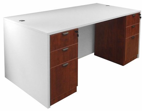White & Woodgrain Rectangular Executive Desk w/6 Drawers 