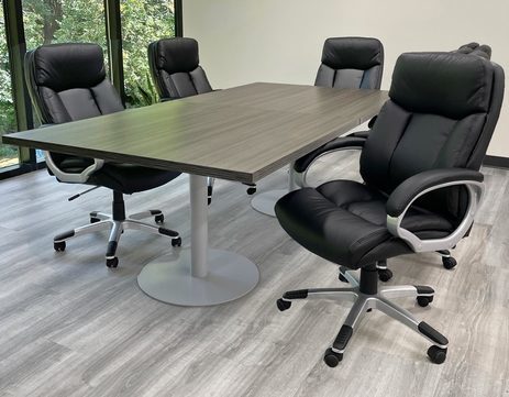 8' x 4' Charcoal Disc Base Table with 6 Black Leather Swivel Chairs
