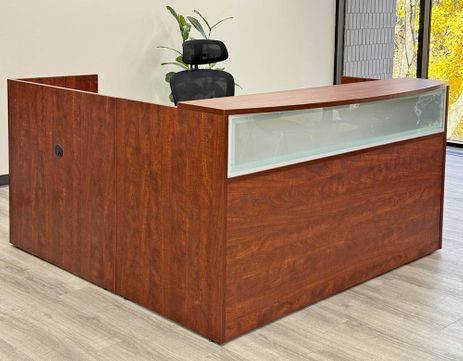 Cherry Laminate L-Shaped Reception Desk w/Frosted Glass Panel