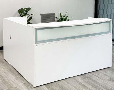 L-Shaped White Reception Desk w/Frosted Glass Panel