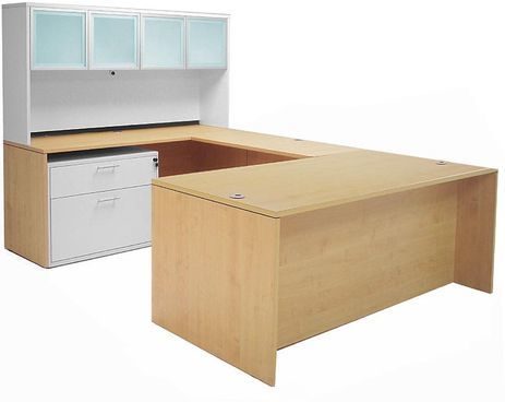 Maple Executive U-Desk w/Glass Door Hutch