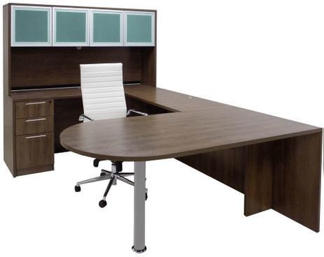 Modern Walnut Peninsula U-Desk w/Hutch