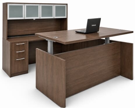 Modern Walnut Adjustable Height Rectangular Front U-Shaped Desk w/Hutch