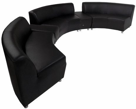 Black Leather 180 Degree Curved Concave Sofa w/2 Powered USB Ottomans
