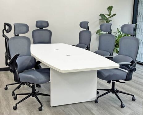 8' White Boat Shaped Table w/6 Mesh Chairs with Flip Up Arms in Gray or Black