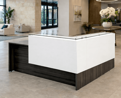 Emerge L-Shaped Glass Top Reception Desk with ADA Surface