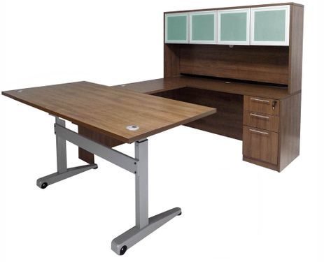 Pneumatic Lift Height Adjustable Managers U-Desk w/Hutch in Modern Walnut
