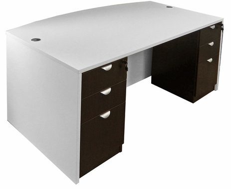 White & Woodgrain Bow Front Conference Desk w/6 Drawers 