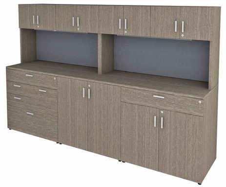 9' Custom Counter Height Workstation with Locking Storage Hutch and Tackboard