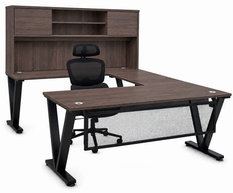 Columbia Walnut Steel V-Leg Rectangular Front U-Shaped Desk with Hutch
