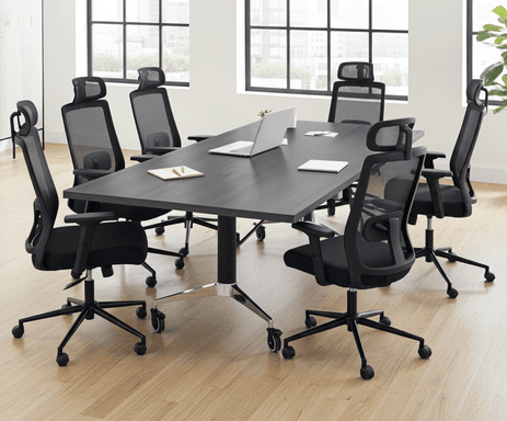 8' Folding Rectangular Conference table with Six Black Linear Mesh Chairs