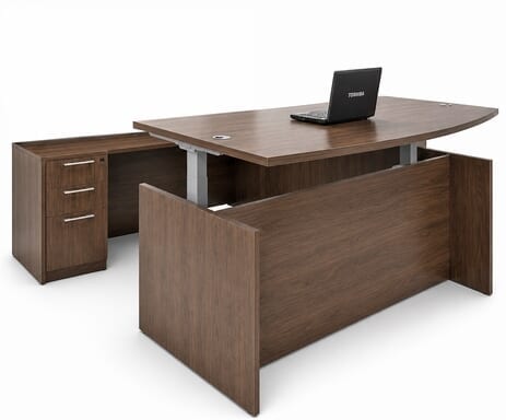 Modern Walnut Adjustable Height Bow Front U-Shaped Desk