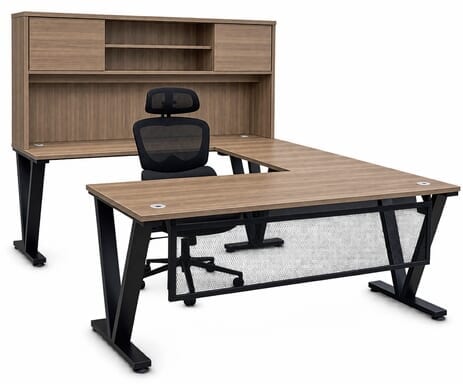 Urban Walnut Steel V-Leg Rectangular Front U-Shaped Desk with Hutch
