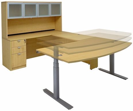 Maple Electric Lift Adjustable Height  U-Desk w/Hutch
