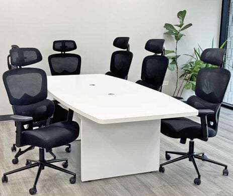 8' White Boat Shaped Table w/6 Black LineaForm Mesh Chairs