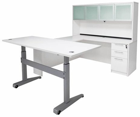 Pneumatic Lift Height Adjustable Executive U-Desk w/Hutch in White