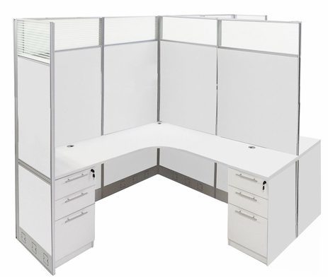 12'W x 6'D x 7'H White Washable Laminate Complete 2-Person L-Shaped Longitudinal Add-On Office Cubicles w/Files