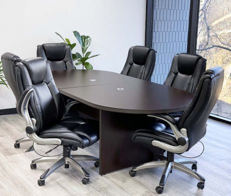 8' Mocha Oval Racetrack Table w/6 Black Flip Up Arm Chairs - Conference Set