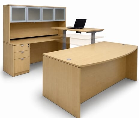 Maple Electric Lift Adjustable Bridge  U-Desk w/Hutch