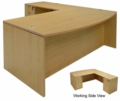 Maple L-Shaped Bow Front Conference Desk w/6 Drawers