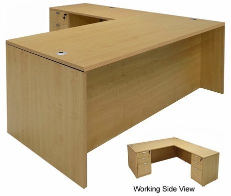 Maple L-Shaped Rectangular Executive Desk w/6 Drawers