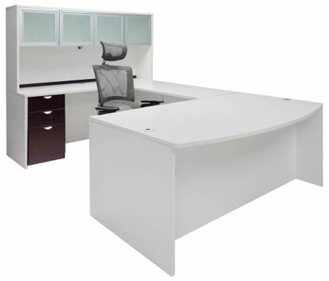 White & Woodgrain U-Shaped Workstation w/Hutch