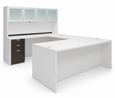 White & Woodgrain U-Shaped Workstation w/Hutch