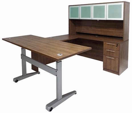 Pneumatic Lift Height Adjustable Executive U-Desk w/Hutch in Modern Walnut
