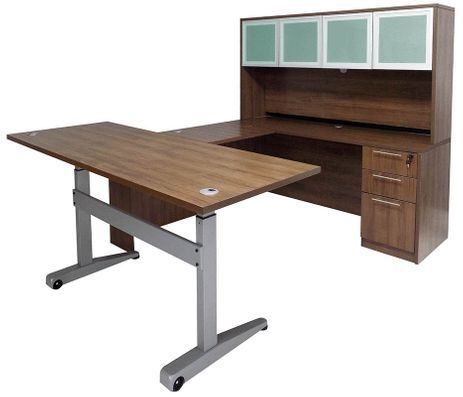 Pneumatic Lift Height Adjustable Executive U-Desk w/Hutch in Modern Walnut
