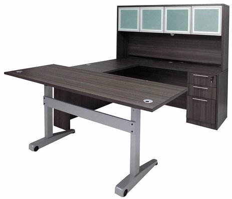 Pneumatic Lift Height Adjustable Executive U-Desk w/Hutch in Charcoal