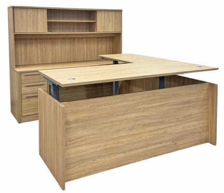 Beaumont Rectangular U-Shaped Workstation, Height Adjustable L-Surface, 3 Drawers & Hutch - 71