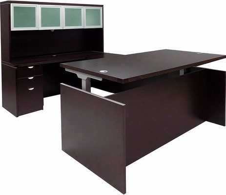 Mocha Adjustable Height Rectangular Front U-Shaped Desk w/Hutch