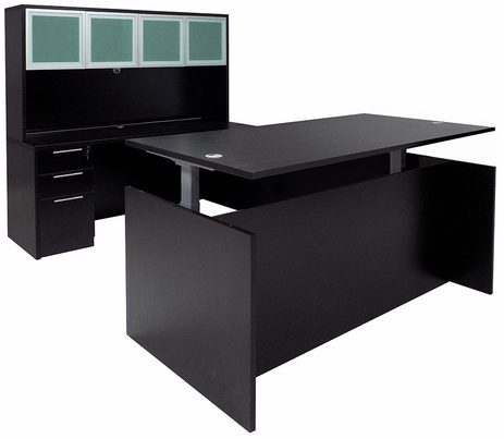 Black Adjustable Height Rectangular Front U-Shaped Desk w/Hutch