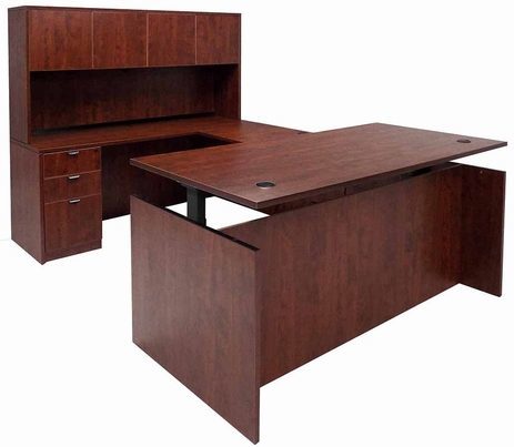 Cherry Adjustable Height Rectangular Front U-Shaped Desk w/Hutch