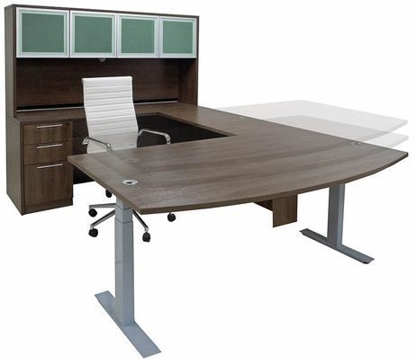 Electric Lift Adjustable Height Modern Walnut U-Desk w/Hutch