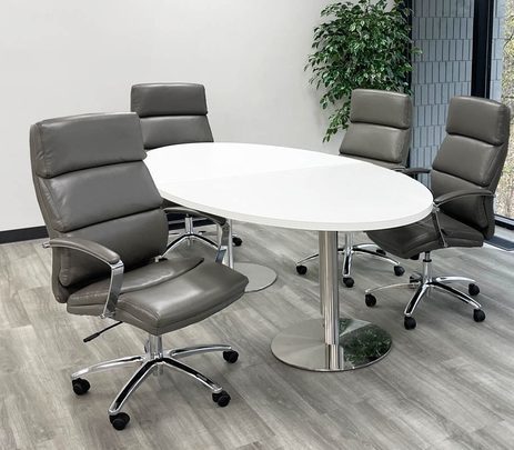 8' x 4' White Oval Table w/4 Gray Leather Chairs - Conference Set 