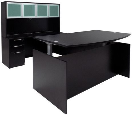 Adjustable Height Bow Front U-Shaped Desk w/Hutch in Black
